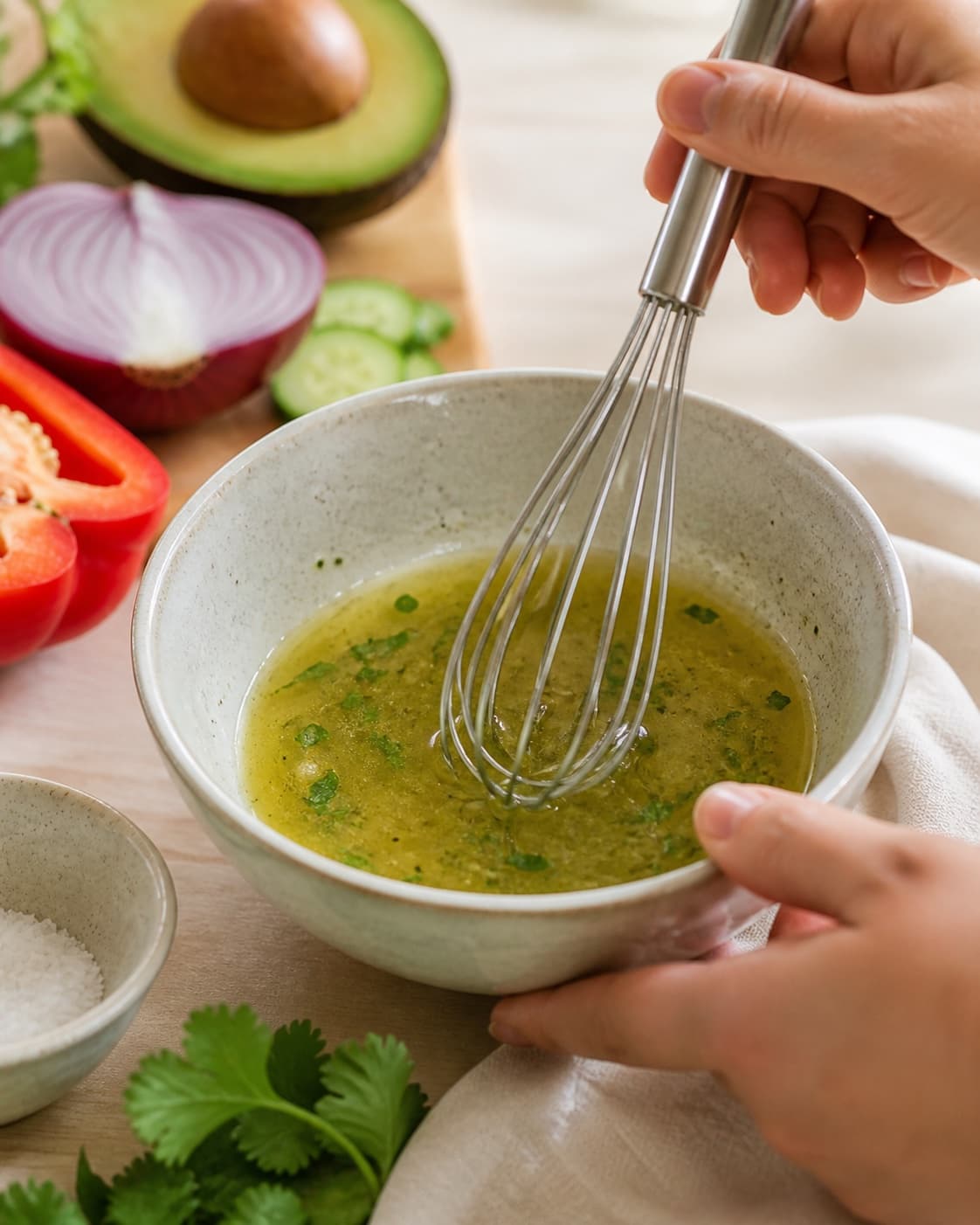 Dressing for avocadosalat med agurk, rødløg og rød peber being whisked until glossy under tilberedningen af avocadosalat med agurk, rødløg og rød peber