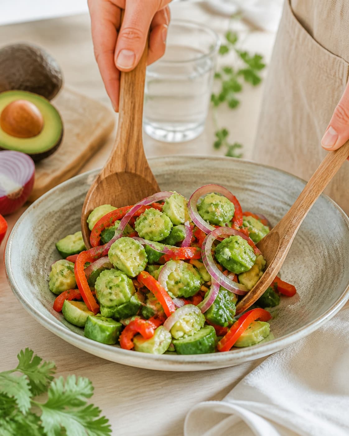 avocadosalat med agurk, rødløg og rød peber being gently combined without crushing the ingredients under tilberedningen af avocadosalat med agurk, rødløg og rød peber