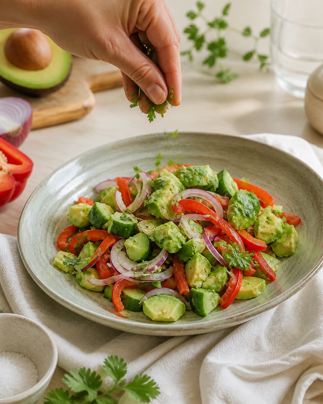 Fresh finished avocadosalat med agurk, rødløg og rød peber receiving its final garnish under tilberedningen af avocadosalat med agurk, rødløg og rød peber
