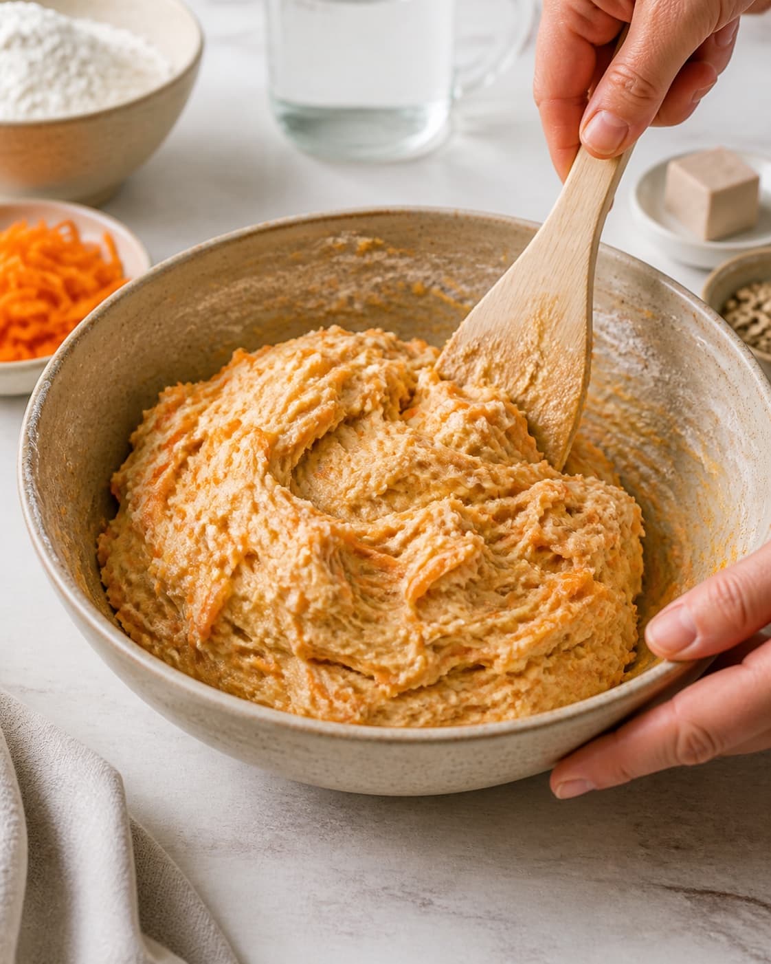 Close view of the moist dough for gulerodsbrud – bløde og luftige being mixed in a bowl with gulerødder, hvedemel, lunkent vand, gær under tilberedningen af gulerodsbrud – bløde og luftige