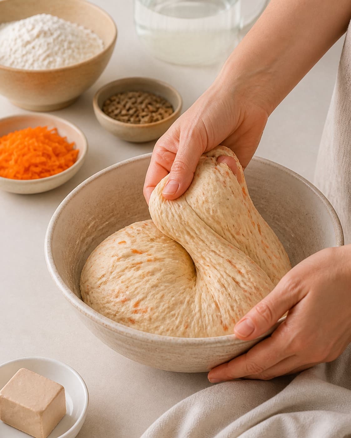 Hands gently folding elastic dough for gulerodsbrud – bløde og luftige under tilberedningen af gulerodsbrud – bløde og luftige