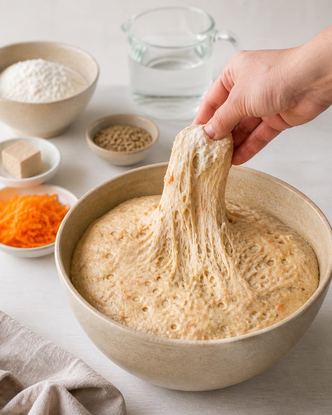 Proofed airy dough for gulerodsbrud – bløde og luftige with visible fermentation bubbles under tilberedningen af gulerodsbrud – bløde og luftige