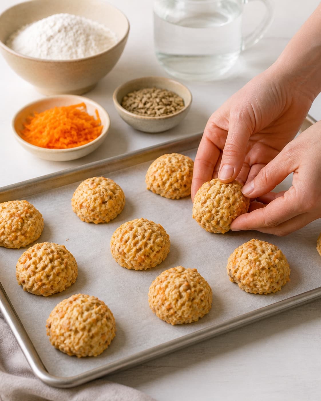 Even pieces of gulerodsbrud – bløde og luftige being shaped before baking under tilberedningen af gulerodsbrud – bløde og luftige