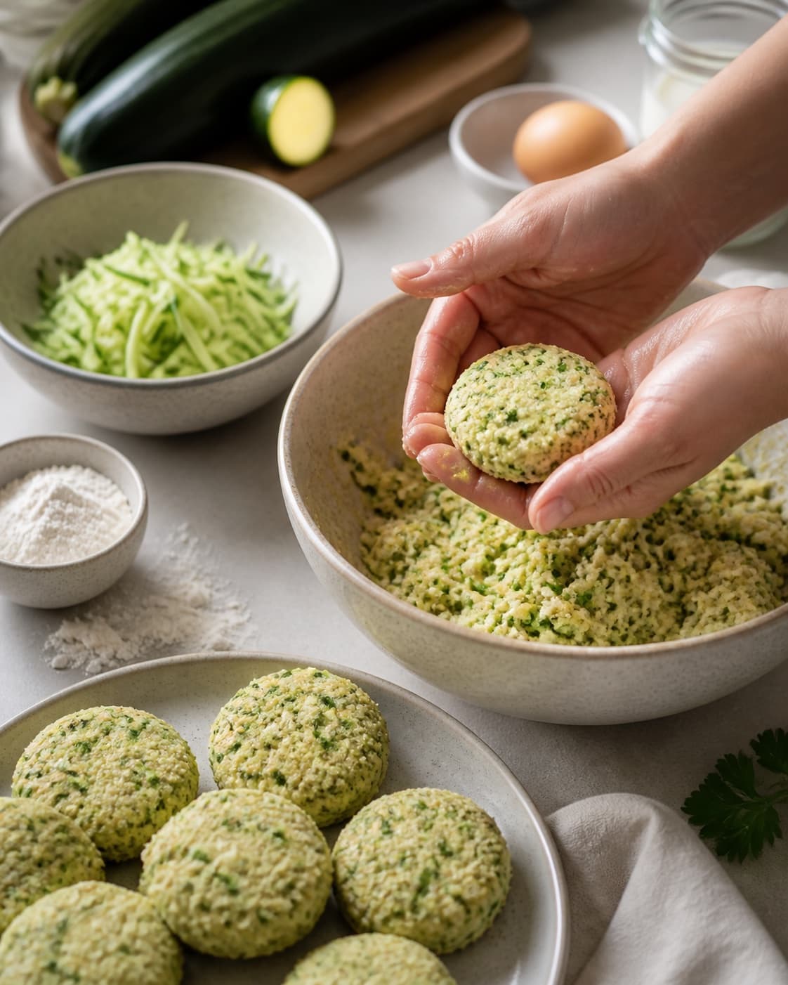 Equal portions of squash frikadeller being formed under tilberedningen af squash frikadeller