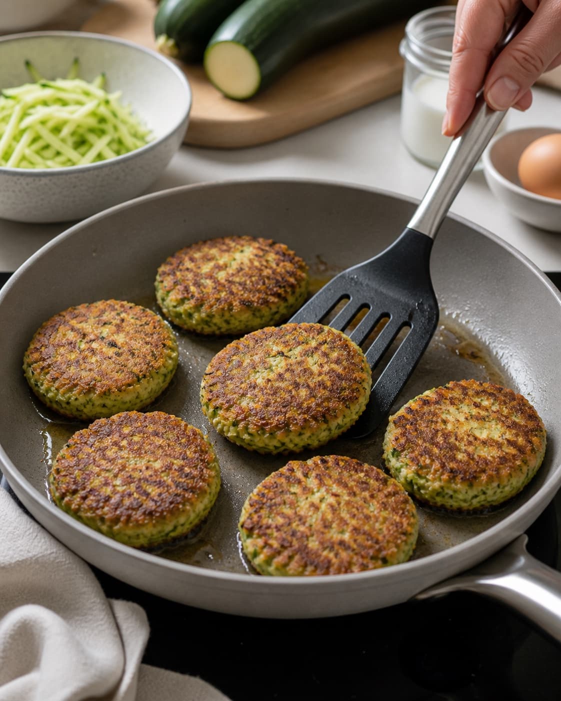 squash frikadeller frying to an even golden crust in a pan under tilberedningen af squash frikadeller
