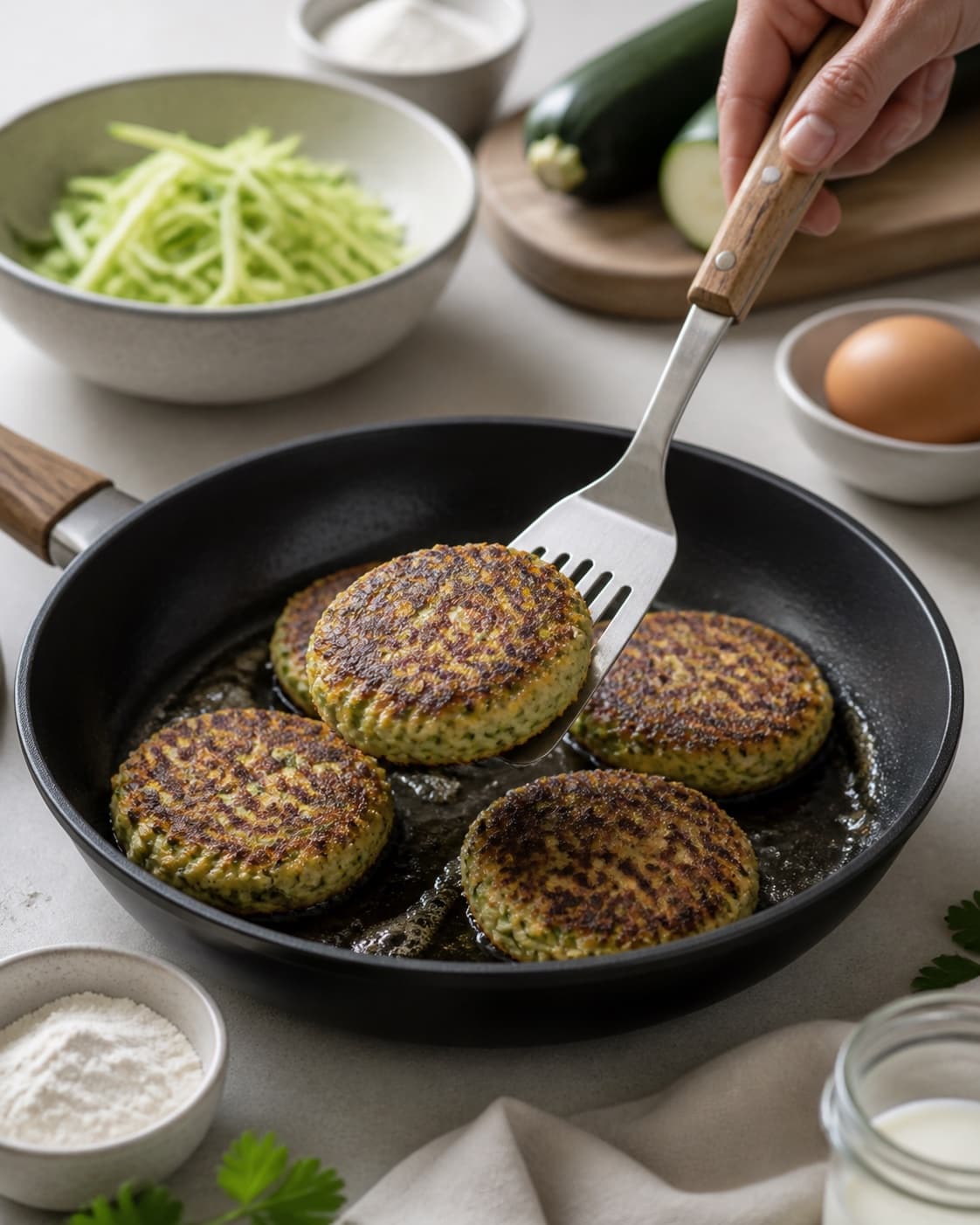Golden squash frikadeller resting briefly before serving under tilberedningen af squash frikadeller