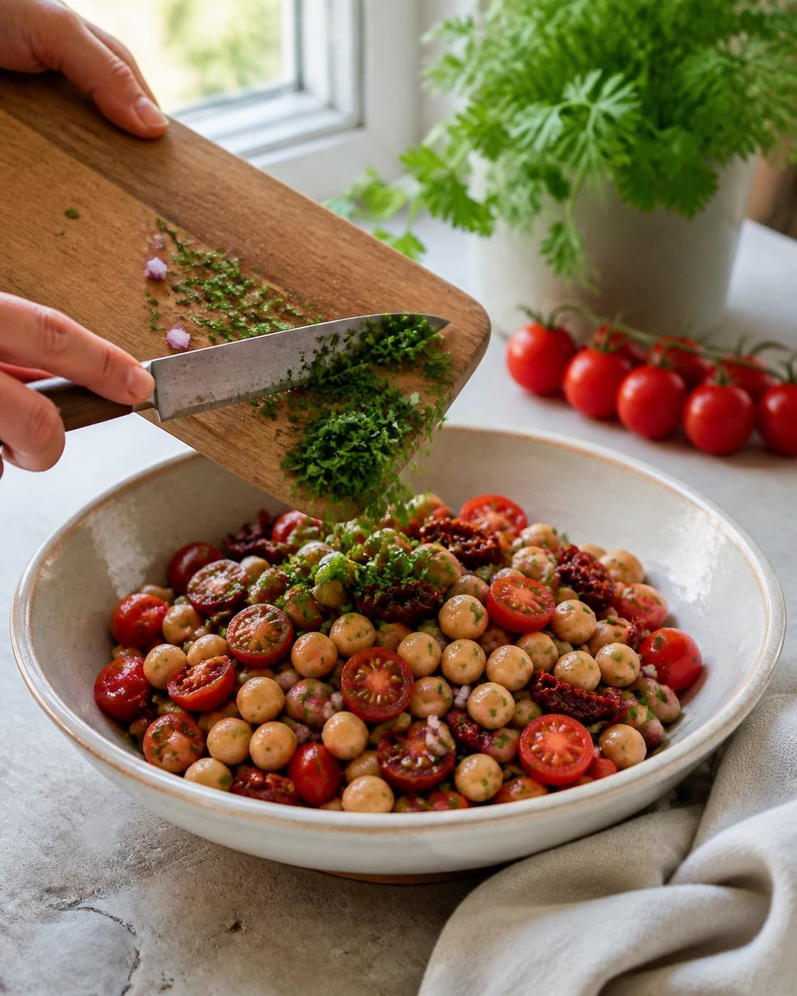 Clean prepared ingredients for kikærtesalat med soltørrede tomater with soltørrede tomater, modne tomater, kogte kikærter, økologisk citron under tilberedningen af kikærtesalat med soltørrede tomater