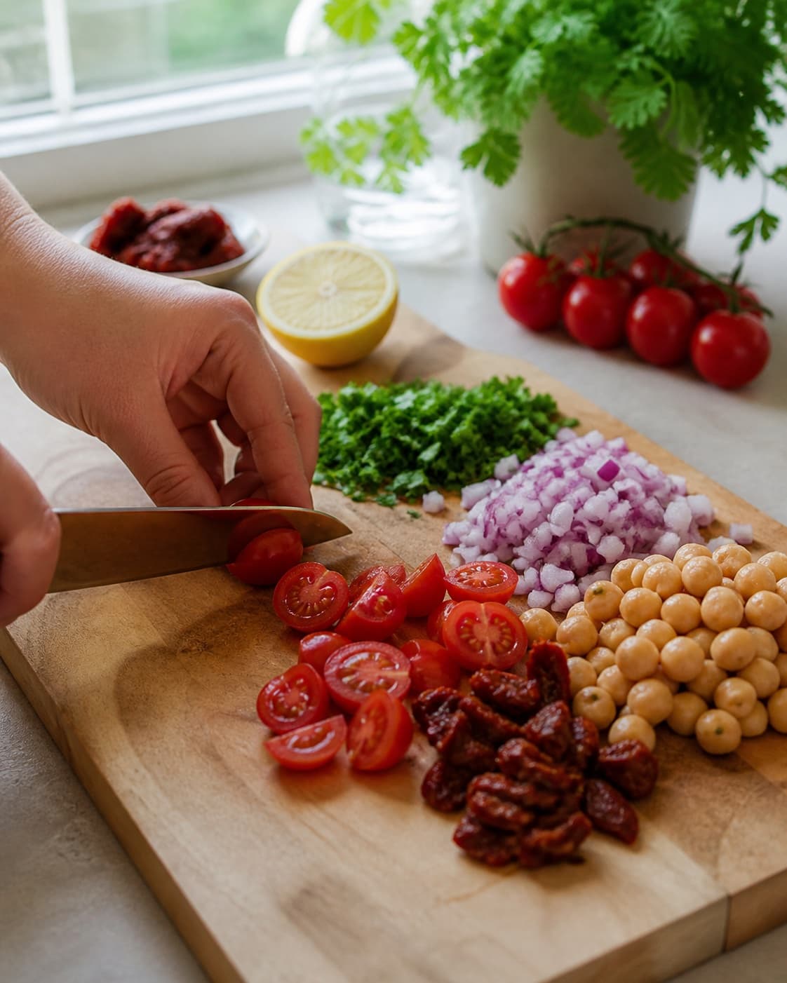 Ingredients for kikærtesalat med soltørrede tomater being cut into even pieces under tilberedningen af kikærtesalat med soltørrede tomater