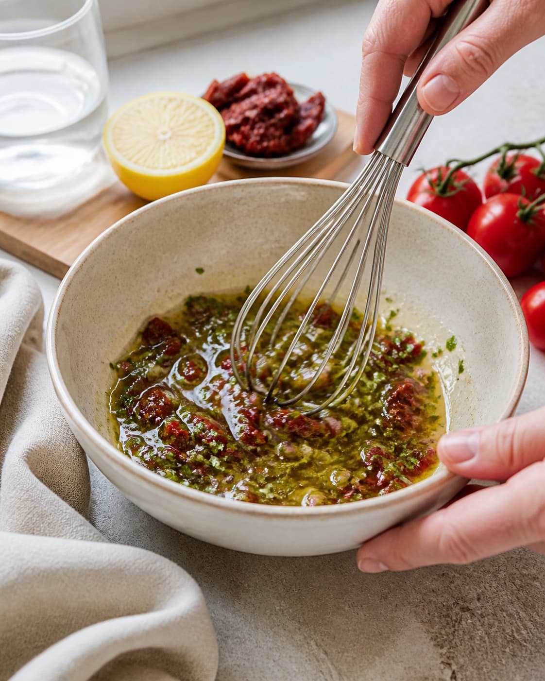 Dressing for kikærtesalat med soltørrede tomater being whisked until glossy under tilberedningen af kikærtesalat med soltørrede tomater