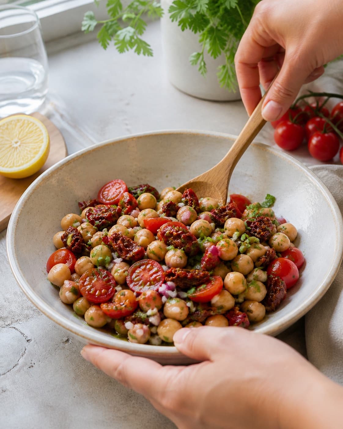 kikærtesalat med soltørrede tomater being gently combined without crushing the ingredients under tilberedningen af kikærtesalat med soltørrede tomater