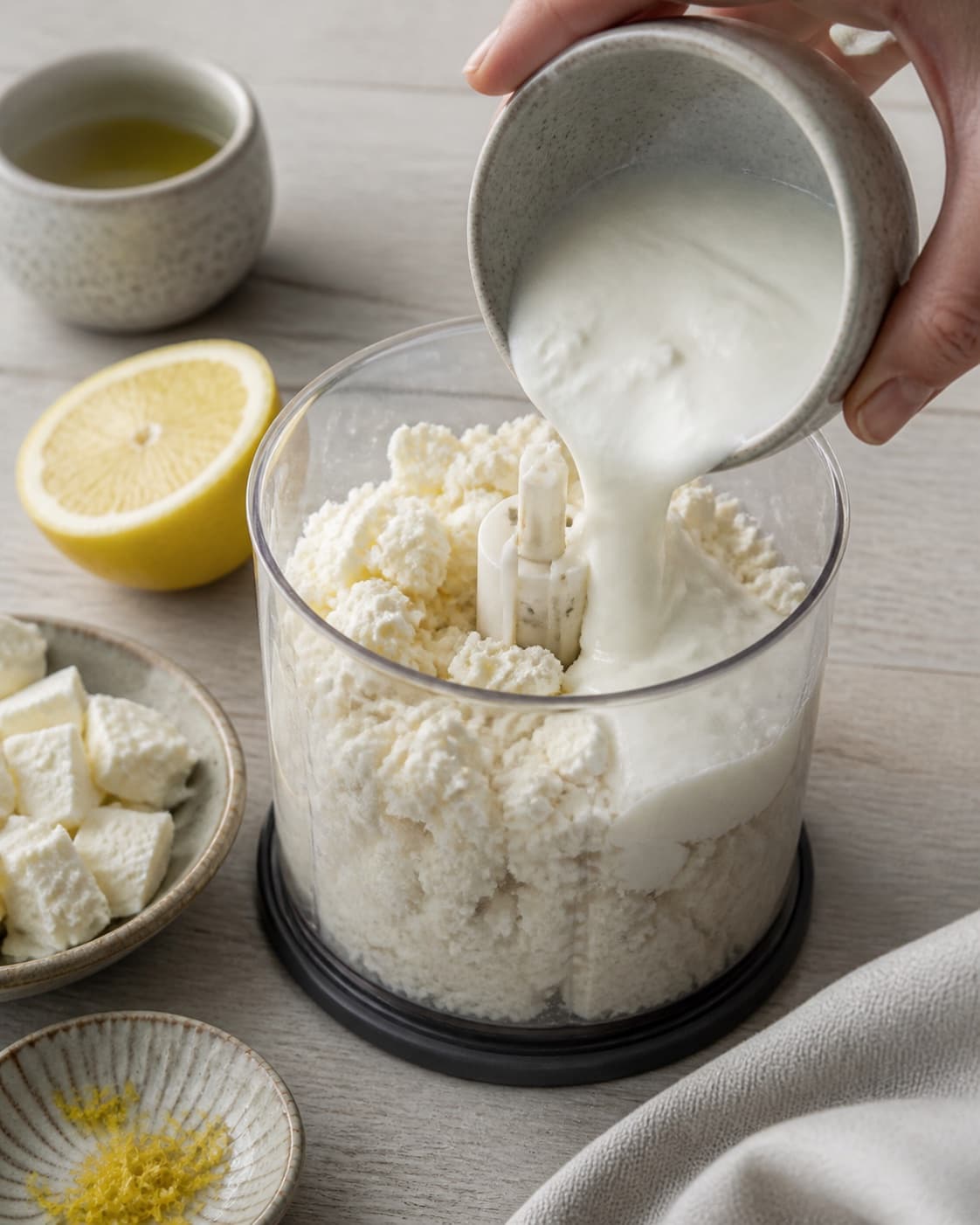 Clean prepared ingredients for fetacreme / fetadip with feta, græsk yoghurt, økologisk citron, ekstra jomfruolivenolie under tilberedningen af fetacreme / fetadip