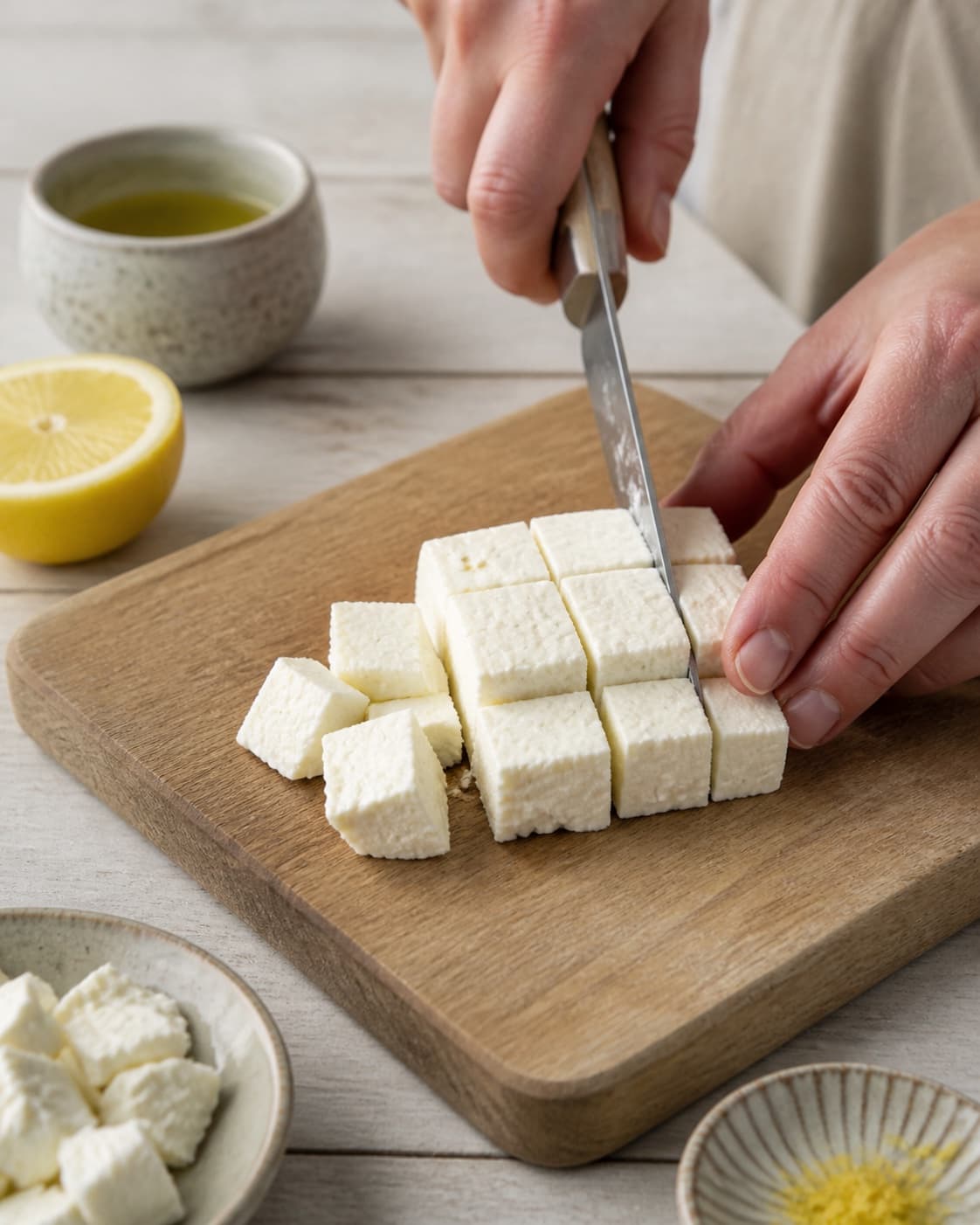 Ingredients for fetacreme / fetadip being cut into even pieces under tilberedningen af fetacreme / fetadip