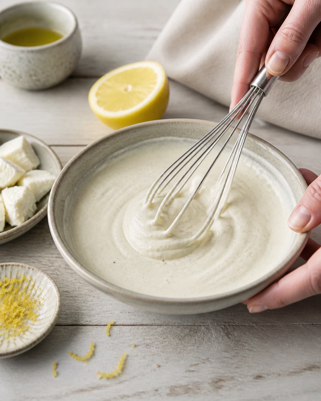 Dressing for fetacreme / fetadip being whisked until glossy under tilberedningen af fetacreme / fetadip