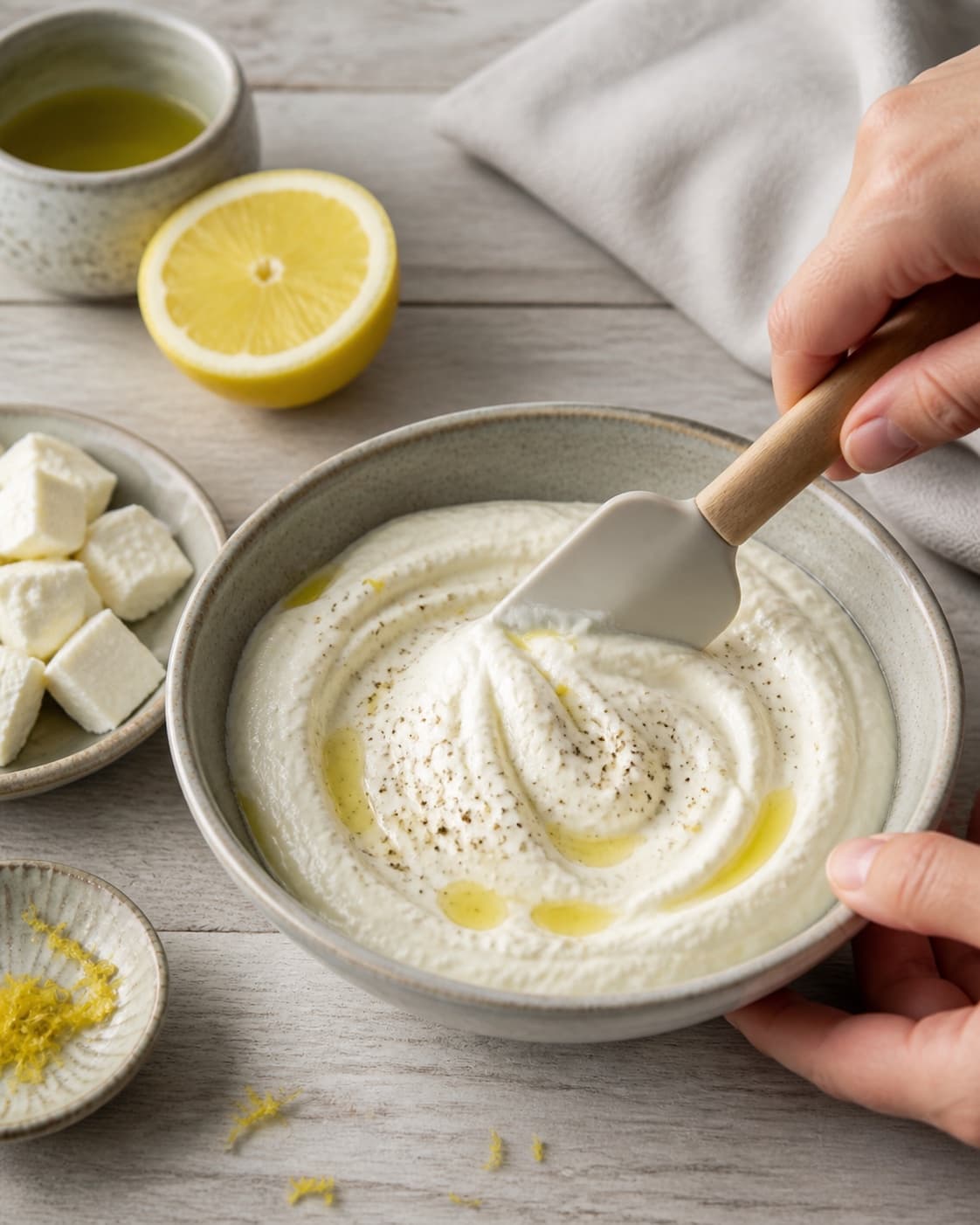 fetacreme / fetadip being gently combined without crushing the ingredients under tilberedningen af fetacreme / fetadip