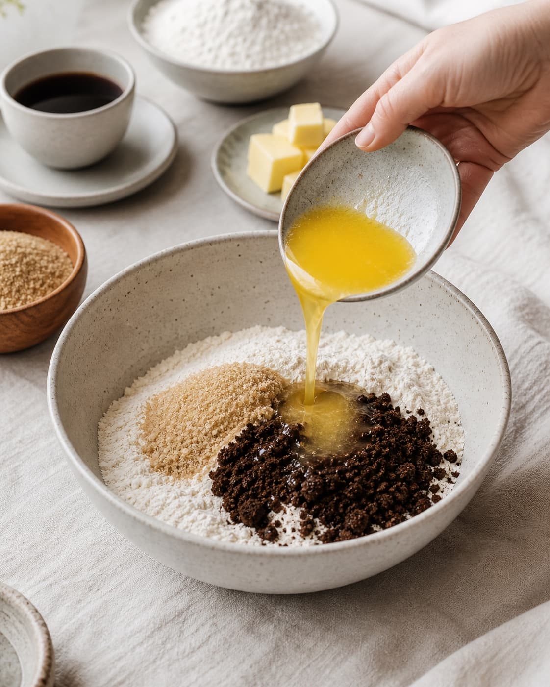 Measured ingredients for kaffe cookies – sprøde cookies med kaffegrums arranged separately with stærk kaffe, hvedemel, smør, rørsukker under tilberedningen af kaffe cookies – sprøde cookies med kaffegrums