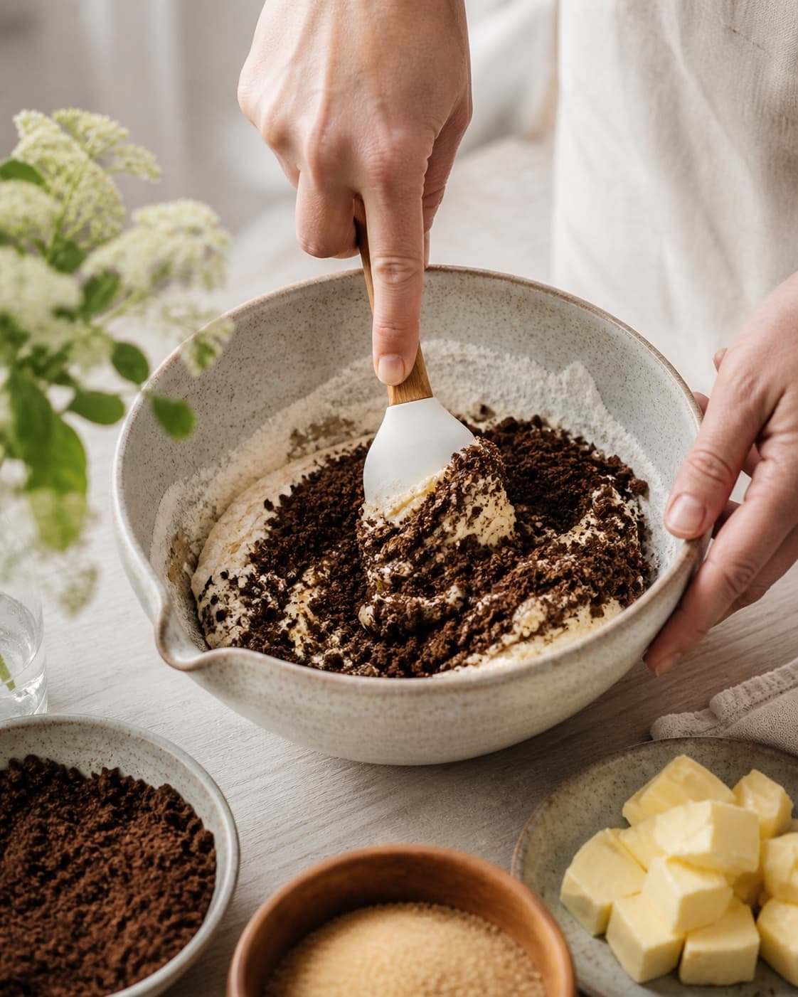 The batter or dough for kaffe cookies – sprøde cookies med kaffegrums being gently combined under tilberedningen af kaffe cookies – sprøde cookies med kaffegrums