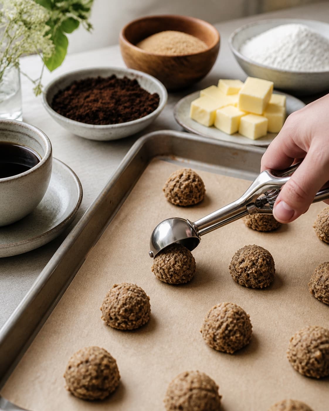 kaffe cookies – sprøde cookies med kaffegrums being portioned evenly before baking under tilberedningen af kaffe cookies – sprøde cookies med kaffegrums