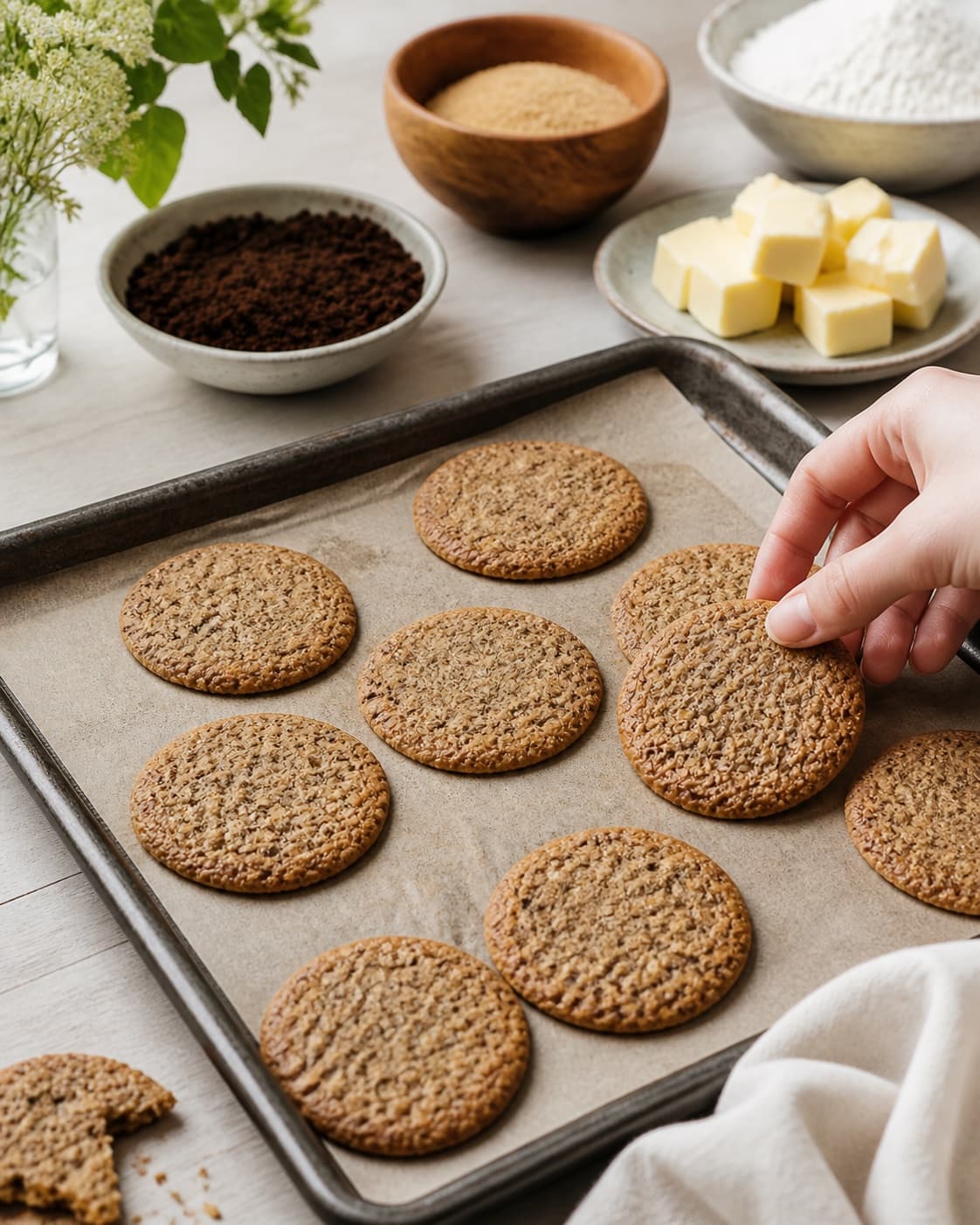kaffe cookies – sprøde cookies med kaffegrums baking until golden with a visibly set centre under tilberedningen af kaffe cookies – sprøde cookies med kaffegrums
