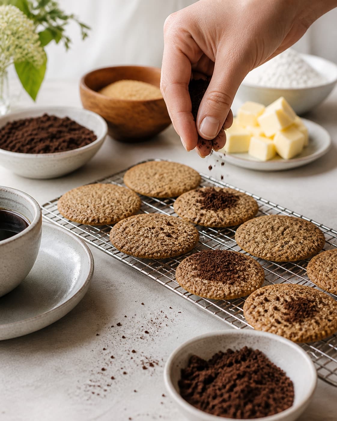 Finished kaffe cookies – sprøde cookies med kaffegrums receiving its final garnish after cooling under tilberedningen af kaffe cookies – sprøde cookies med kaffegrums