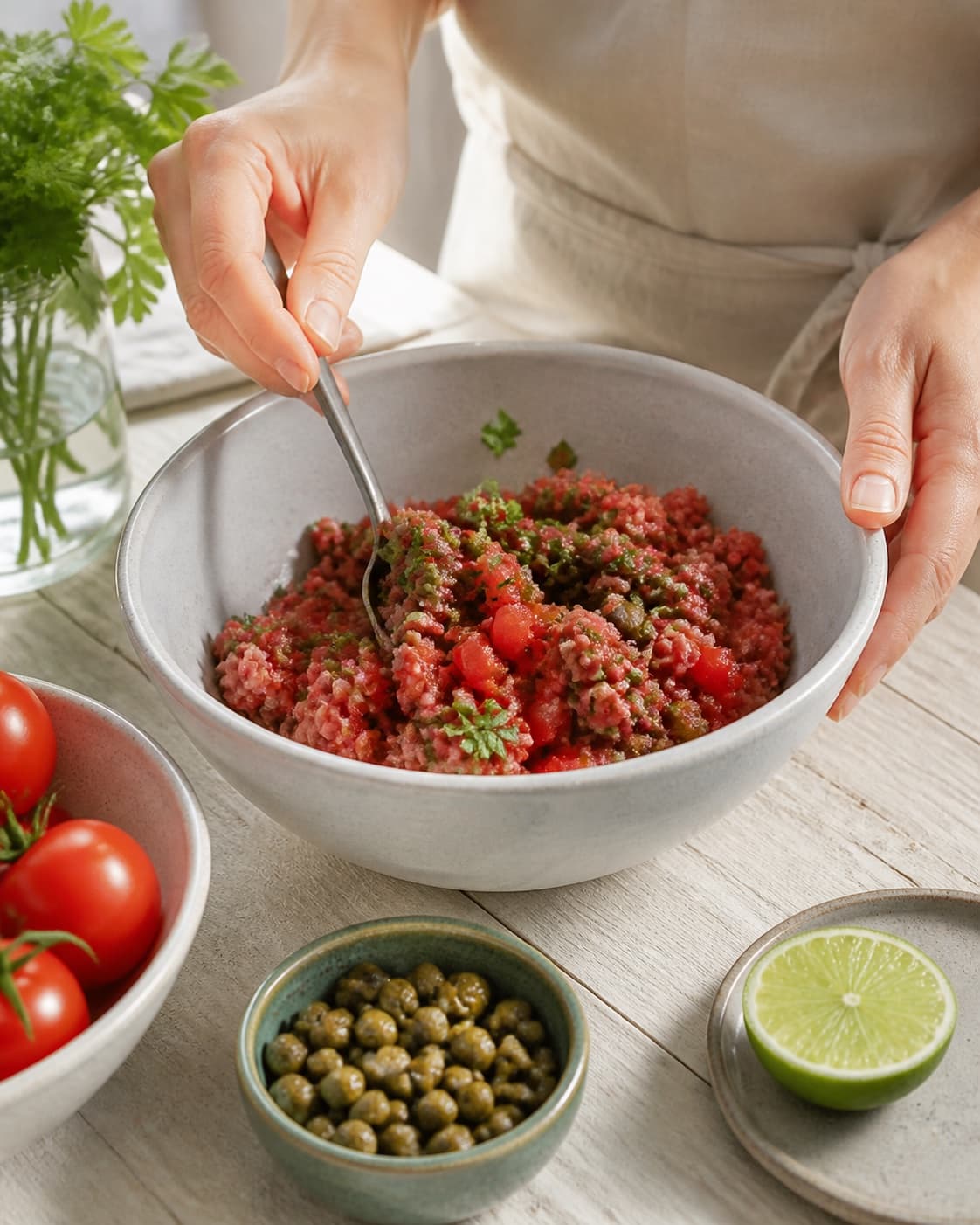Food-safe chilled raw ingredients for rørt tatar med tomat og kapers with modne tomater, okseinderlår godkendt til rå servering, kapers, økologisk lime under tilberedningen af rørt tatar med tomat og kapers