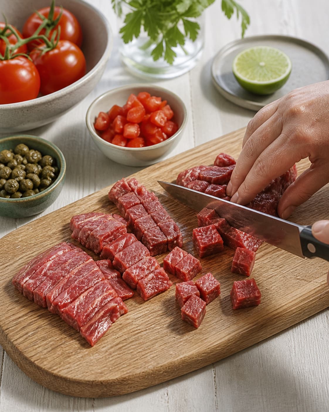 Even clean-cut chilled pieces being prepared for rørt tatar med tomat og kapers under tilberedningen af rørt tatar med tomat og kapers
