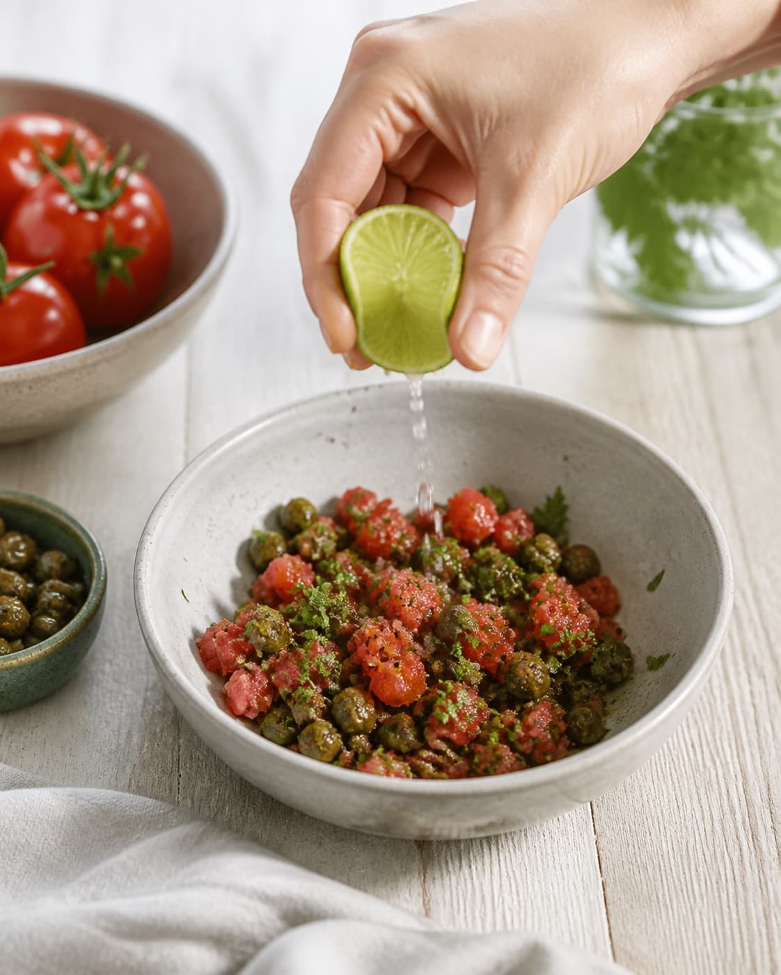Citrus seasoning for rørt tatar med tomat og kapers being mixed separately under tilberedningen af rørt tatar med tomat og kapers