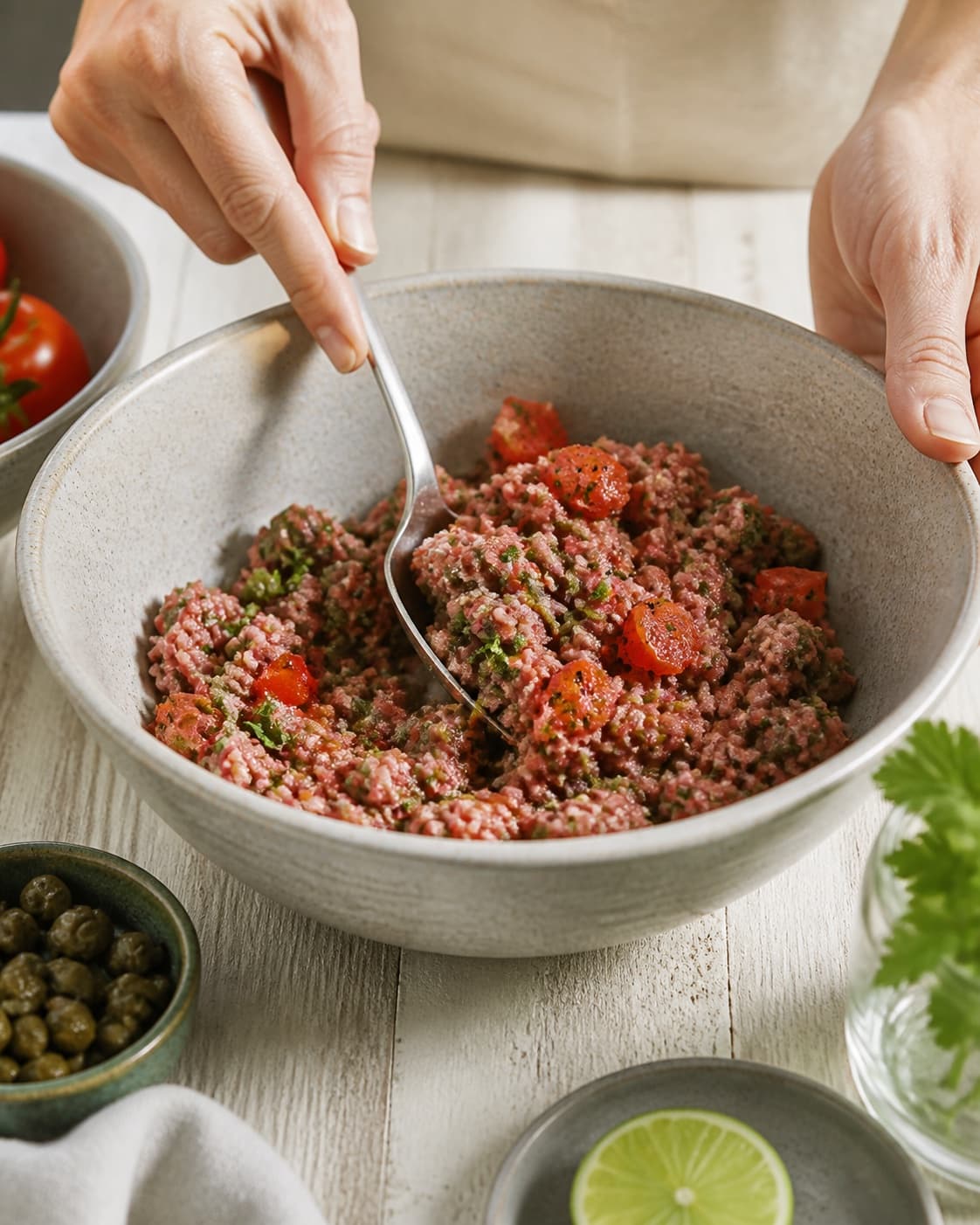 rørt tatar med tomat og kapers being gently combined in a chilled bowl under tilberedningen af rørt tatar med tomat og kapers