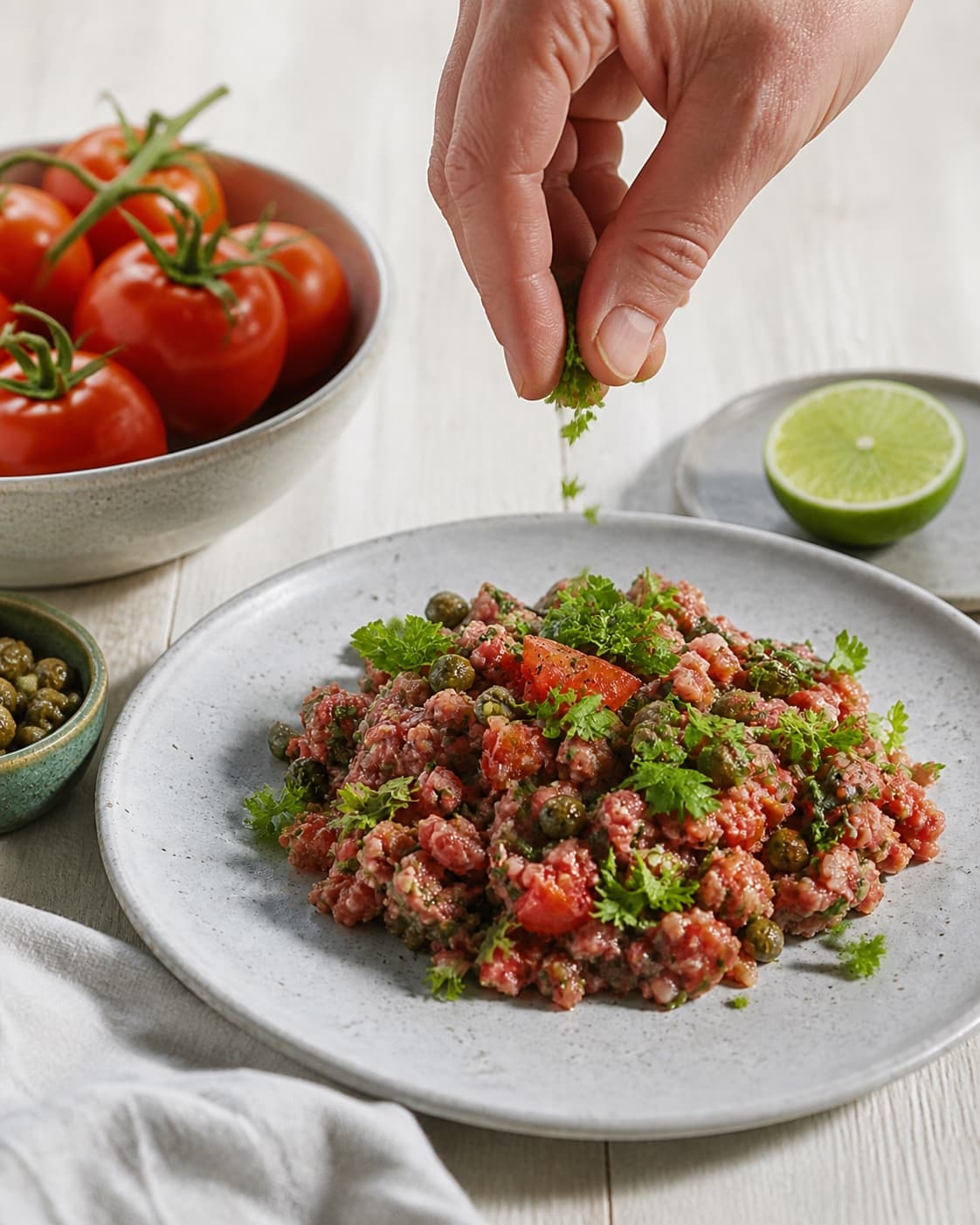 Freshly plated chilled rørt tatar med tomat og kapers ready for immediate serving under tilberedningen af rørt tatar med tomat og kapers