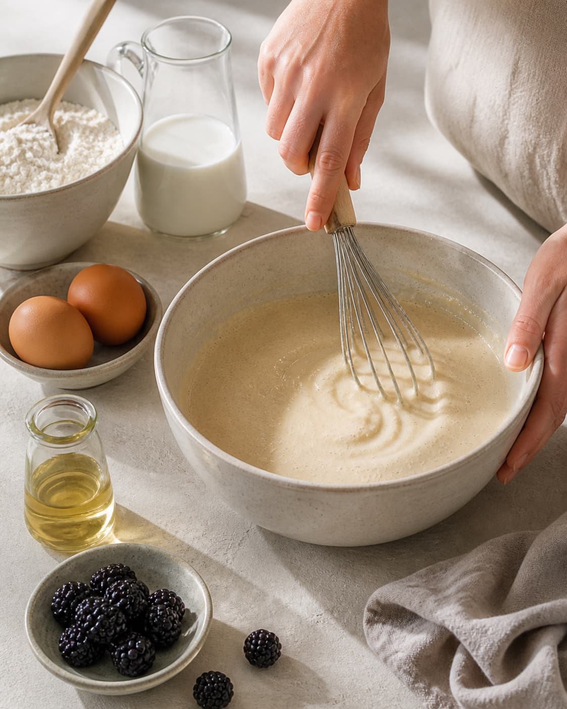 Prepared mixture for pandekager with æg, hvedemel, mælk, rapsolie under tilberedningen af pandekager