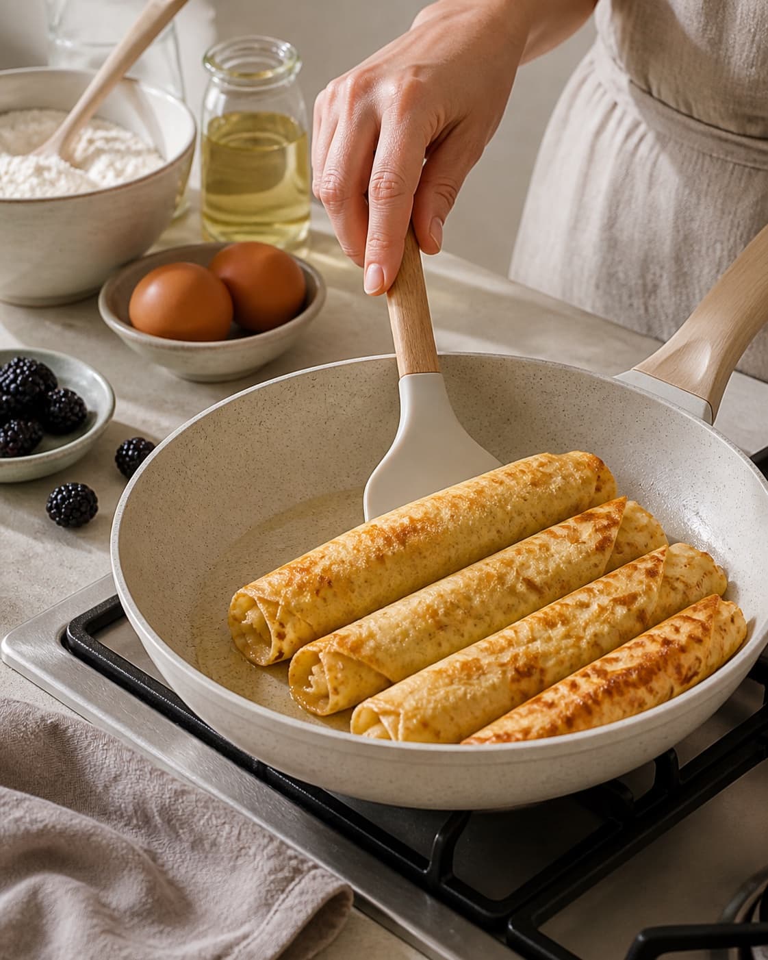 pandekager frying to an even golden crust in a pan under tilberedningen af pandekager