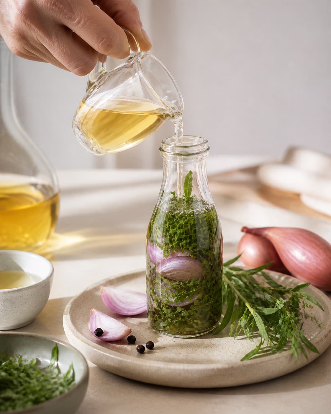 Clean measured ingredients and prepared jars for hjemmelavet bearnaise essens with frisk estragon, skalotteløg, hvidvinseddike, tør hvidvin under tilberedningen af hjemmelavet bearnaise essens