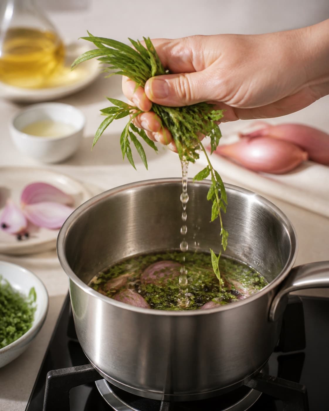 Ingredients for hjemmelavet bearnaise essens gently releasing juice in a pot under tilberedningen af hjemmelavet bearnaise essens