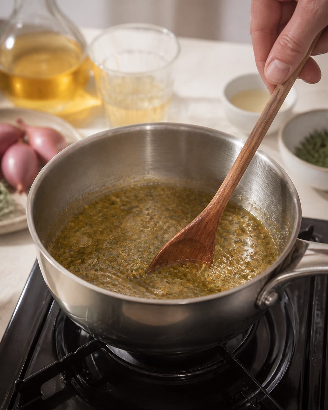 hjemmelavet bearnaise essens simmering to a glossy even consistency under tilberedningen af hjemmelavet bearnaise essens
