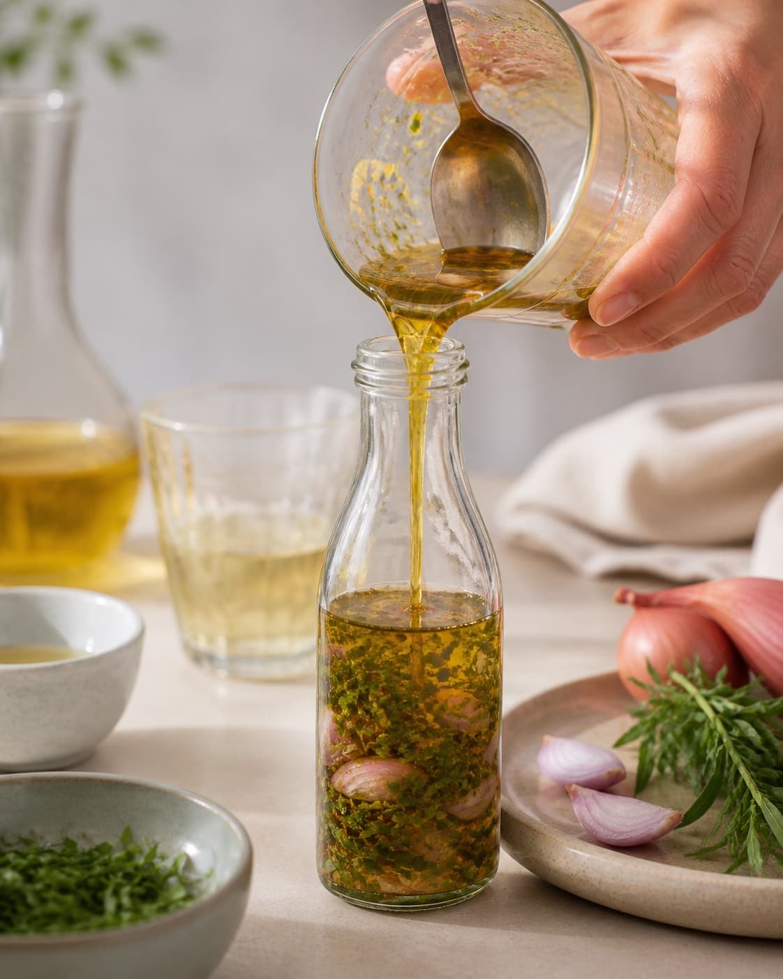 Hot finished hjemmelavet bearnaise essens being carefully transferred into a clean jar under tilberedningen af hjemmelavet bearnaise essens