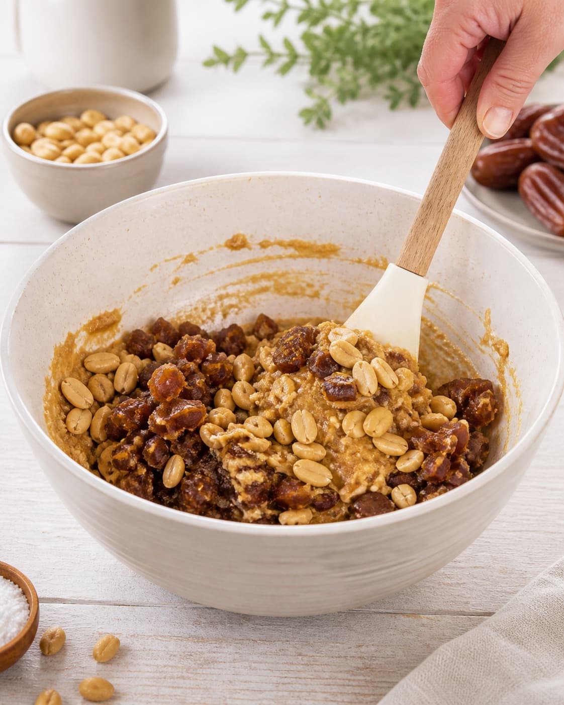 The batter or dough for snickerskage med dadler og peanuts being gently combined under tilberedningen af snickerskage med dadler og peanuts