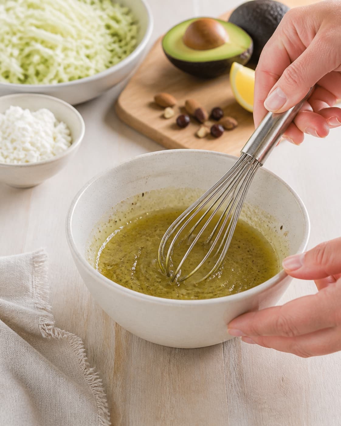 Dressing for quinoasalat med avocado, spidskål og feta being whisked until glossy under tilberedningen af quinoasalat med avocado, spidskål og feta