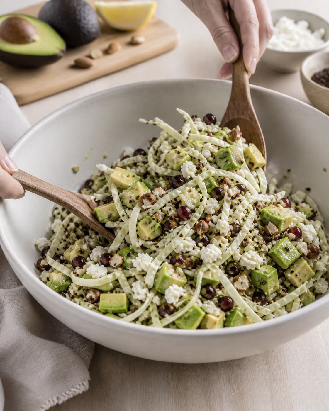 quinoasalat med avocado, spidskål og feta being gently combined without crushing the ingredients under tilberedningen af quinoasalat med avocado, spidskål og feta