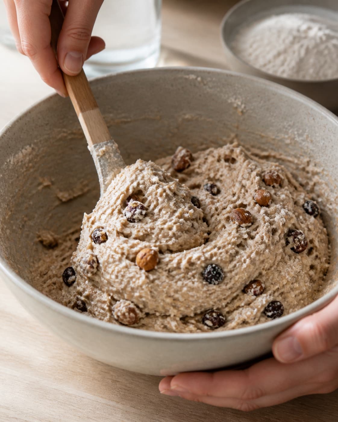 Close view of the moist dough for müsliboller med surdej being mixed in a bowl with müsli uden tilsat sukker, aktiv surdej, hvedemel, lunkent vand under tilberedningen af müsliboller med surdej