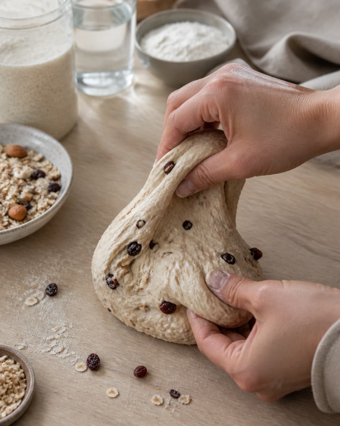 Hands gently folding elastic dough for müsliboller med surdej under tilberedningen af müsliboller med surdej