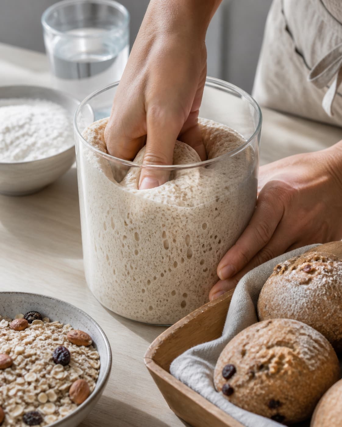 Proofed airy dough for müsliboller med surdej with visible fermentation bubbles under tilberedningen af müsliboller med surdej