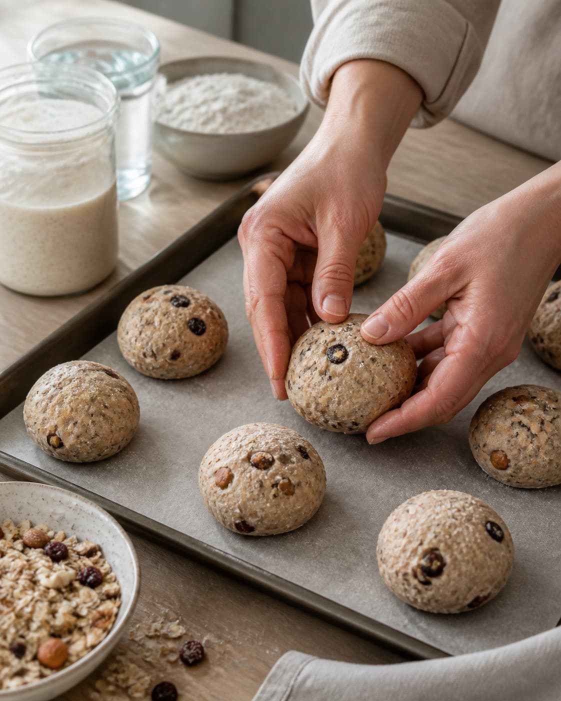 Even pieces of müsliboller med surdej being shaped before baking under tilberedningen af müsliboller med surdej