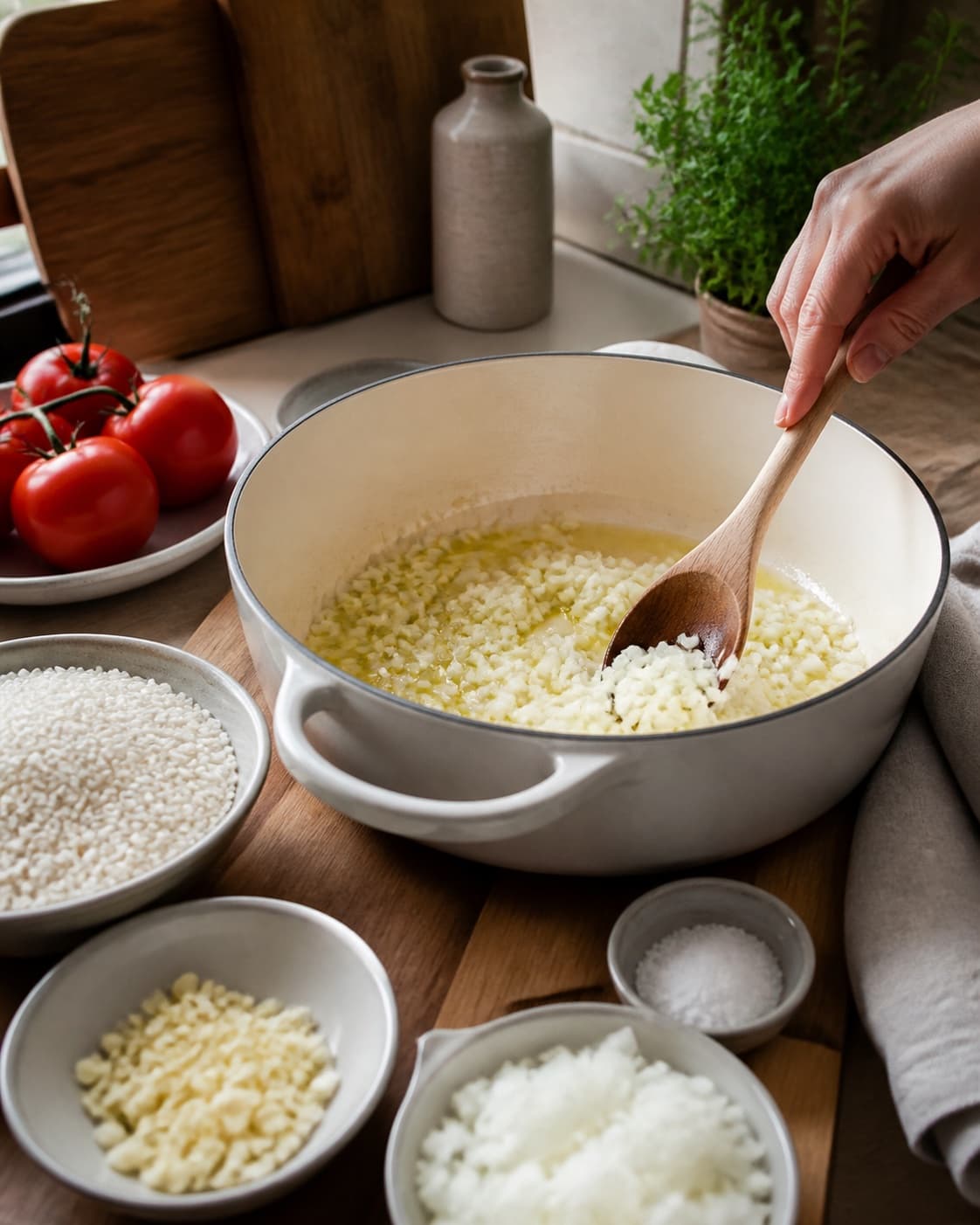 Mise en place for tomatrisotto with modne tomater, carnaroliris, zittauerløg, hvidløg under tilberedningen af tomatrisotto