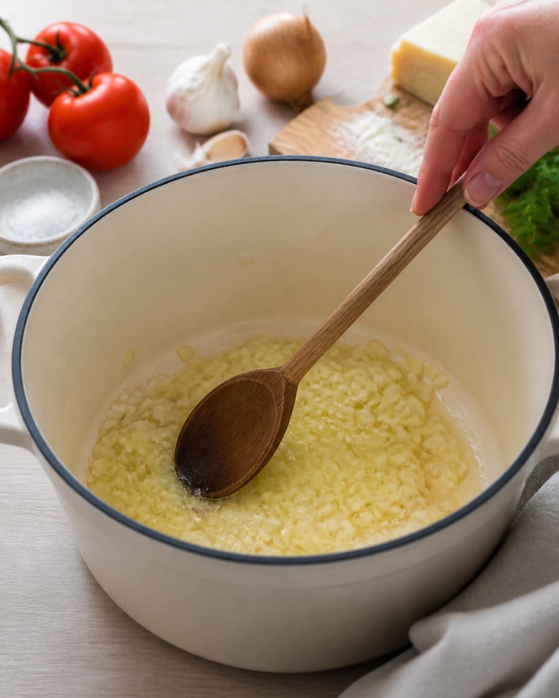 Aromatic base for tomatrisotto gently cooking in a pot under tilberedningen af tomatrisotto