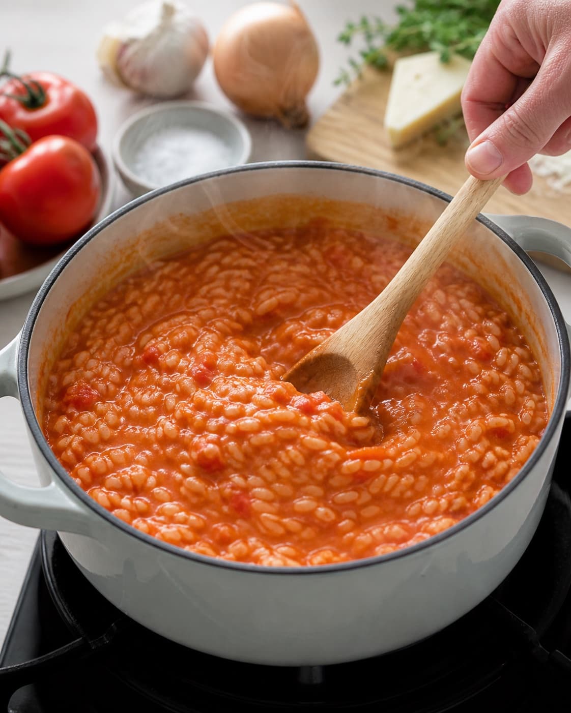 tomatrisotto gently simmering with visible ingredients under tilberedningen af tomatrisotto