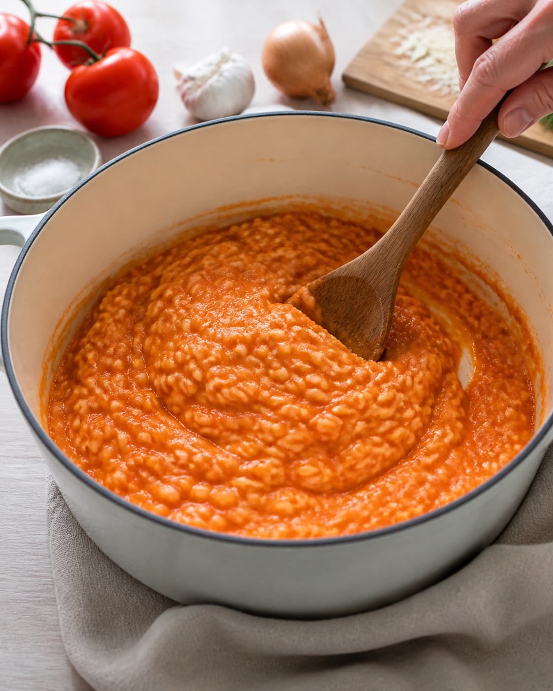 The texture of tomatrisotto being adjusted in the pot under tilberedningen af tomatrisotto