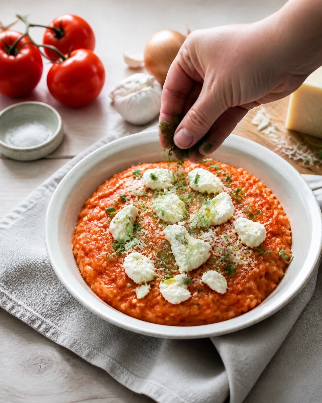 Finished tomatrisotto being served with a fresh restrained garnish under tilberedningen af tomatrisotto