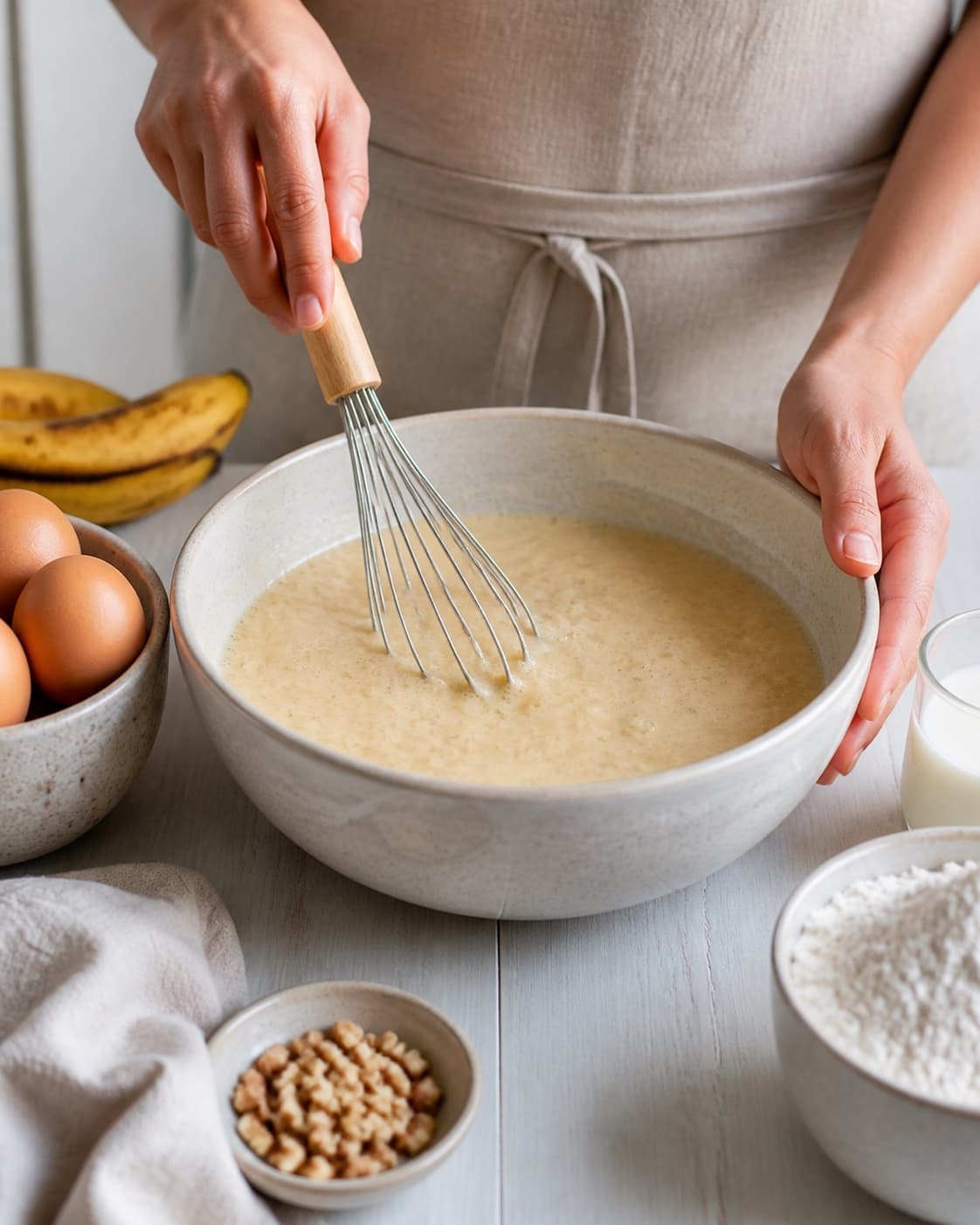 Prepared mixture for bananpandekager with æg, modne bananer, hvedemel, mælk under tilberedningen af bananpandekager