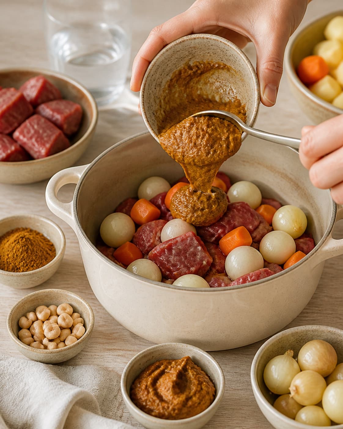 Mise en place for massaman curry with karryblanding, massaman-karrypasta, oksebov, zittauerløg under tilberedningen af massaman curry