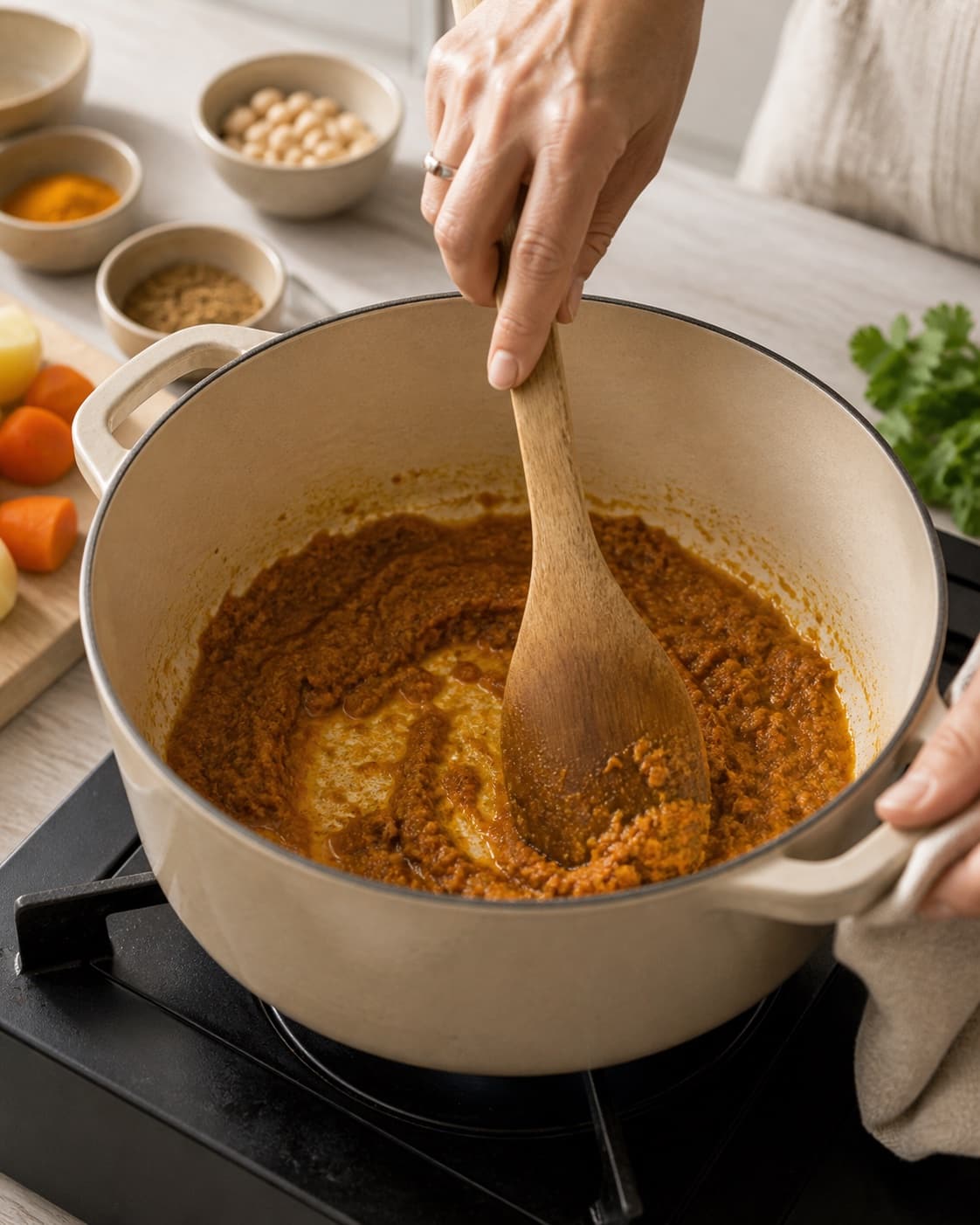 Aromatic base for massaman curry gently cooking in a pot under tilberedningen af massaman curry