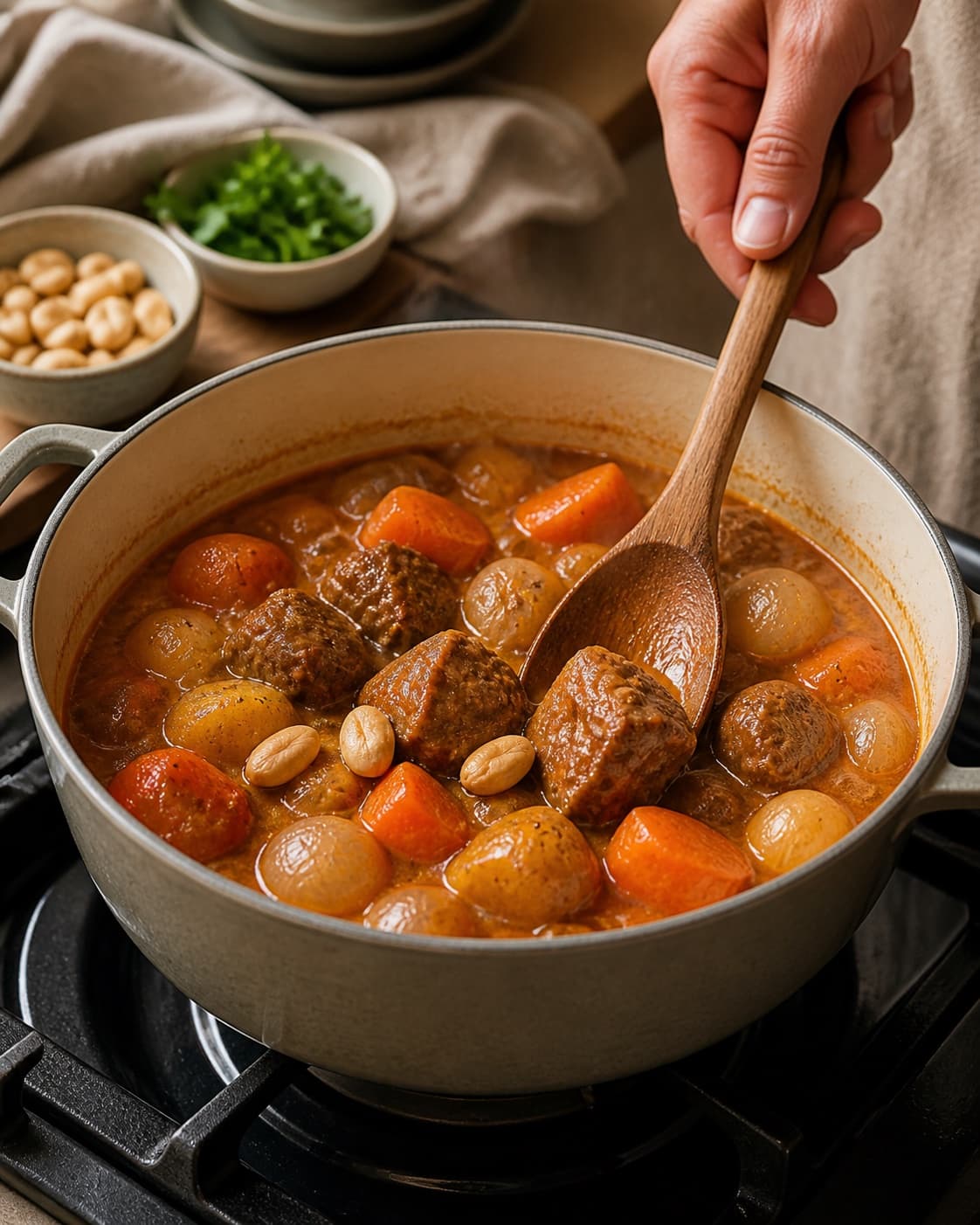 massaman curry gently simmering with visible ingredients under tilberedningen af massaman curry